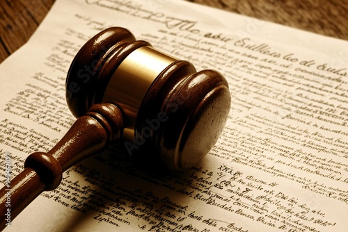 An up-close view of a gavel poised above an official document, representing the pivotal moment of decision-making in a judicial arena.