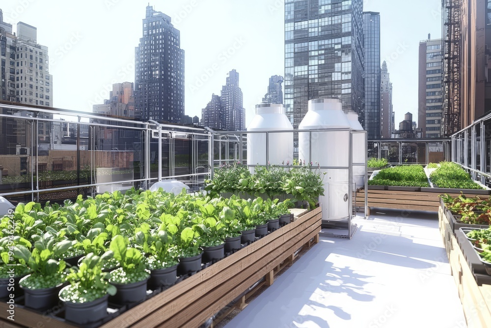 Modern rooftop farm with hydroponic systems growing leafy greens. Urban buildings surrounding the farm, Generative AI Modern rooftop farm with hydroponic systems growing leafy greens. Urban buildings surrounding the farm, Generative AI