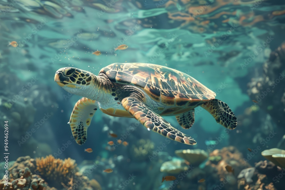 Obraz premium Hawksbill Turtle Eretmochelys imbricata floats under water. Maldives Indian Ocean coral reef.