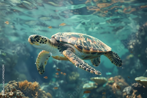 Hawksbill Turtle Eretmochelys imbricata floats under water. Maldives Indian Ocean coral reef.