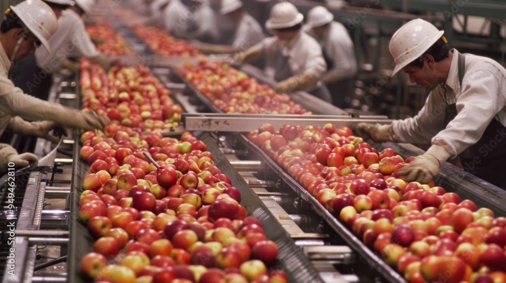A group of workers are sorting apples in a factory A group of workers are sorting apples in a factory