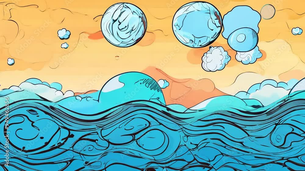 Discover the beauty of bright blue waves and floating bubbles under a vibrant orange sky at sunset Discover the beauty of bright blue waves and floating bubbles under a vibrant orange sky at sunset