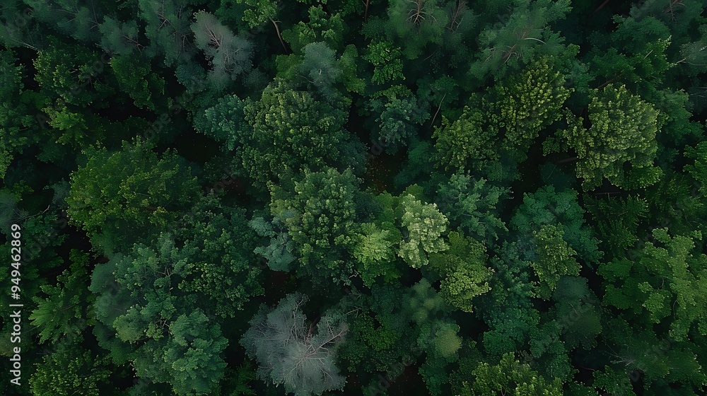 Obraz premium Aerial shot of a dense forest with a hidden underground coin forgery operation being discovered by investigators showcasing the secretive nature of the crime