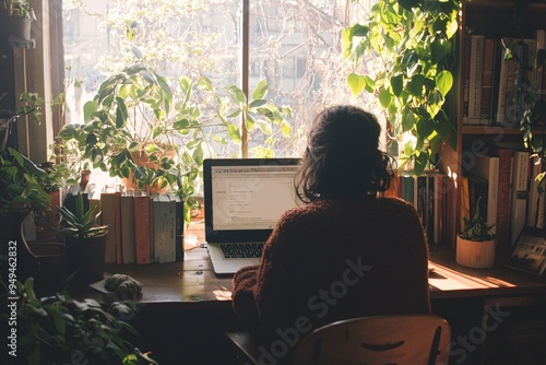 Wallpaper Mural A warm nook filled with sunlight, where a person fine-tunes their laptop amidst a blend of books and greenery. Torontodigital.ca