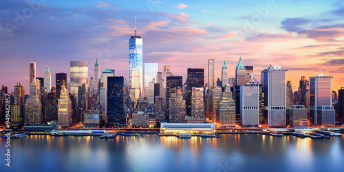 Sunset over Beautiful New York City Skyline 