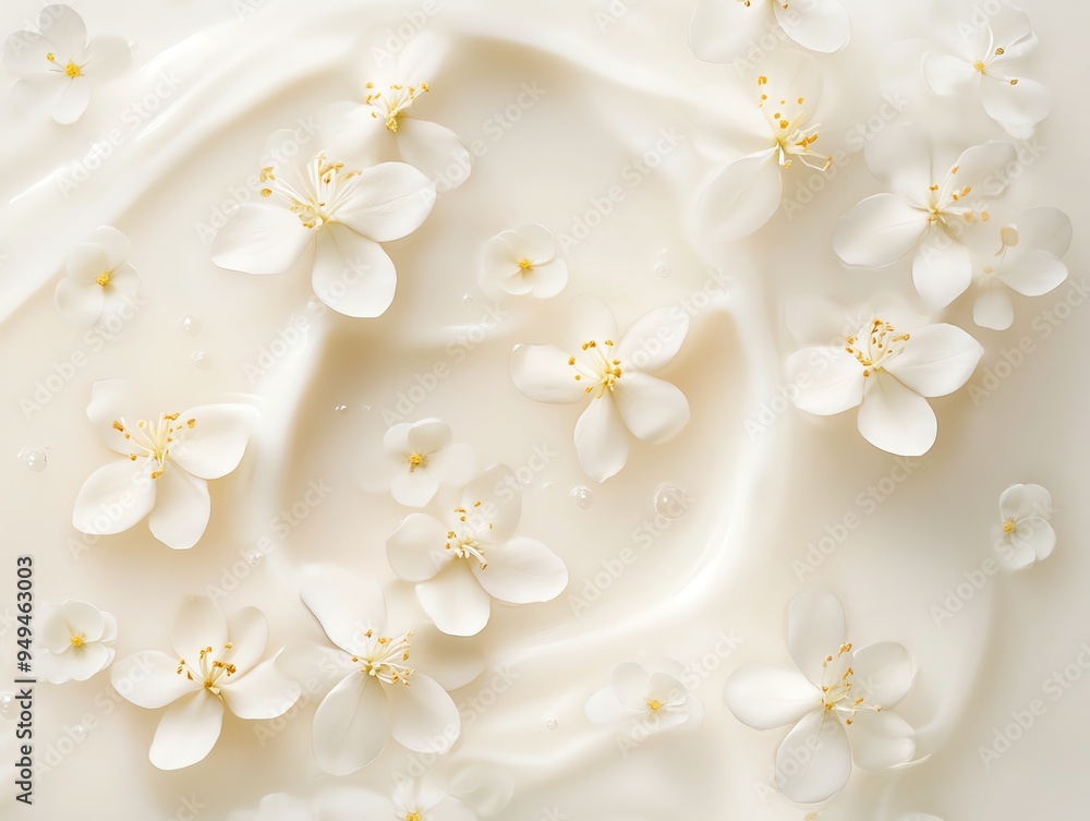 Fototapeta premium Delicate white flowers floating in milk, topdown view, soft natural light, minimalist composition