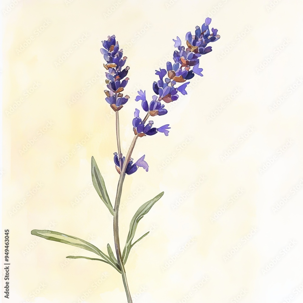 Obraz premium watercolor painting of a dark purple lavender sprig against a light yellow background, on isolated white background