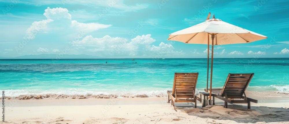 Obraz premium Beach chairs with umbrellas and beautiful tropical beach sand. AI generated images