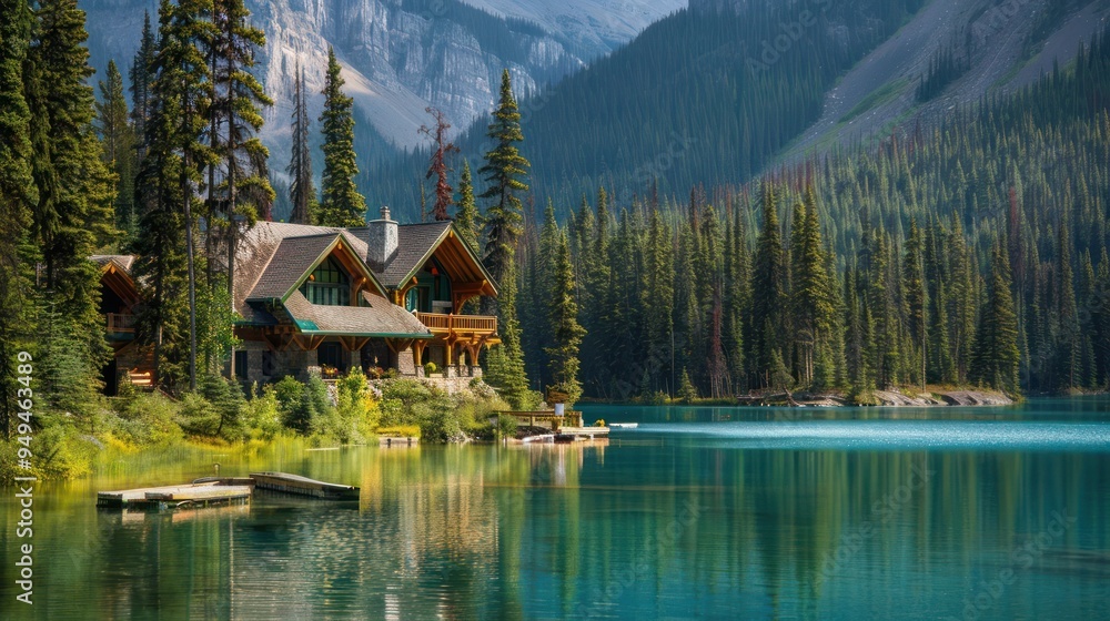 Obraz premium Cabin by the Lake in the Mountains
