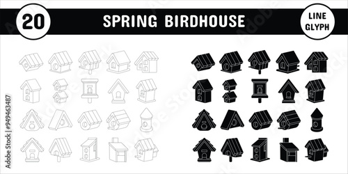Spring Birdhouse Line Glyph Vector Illustration Icon Sticker Set Design Materials