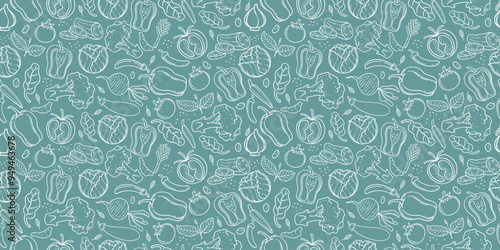 Seamless pattern features organic farm fresh. Vector illustration doodle vegetables drawing.
