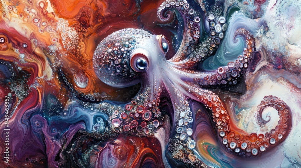 A colorful, abstract depiction of an octopus swimming through a vibrant underwater scene. A colorful, abstract depiction of an octopus swimming through a vibrant underwater scene.