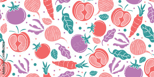 Colorful Vegetable Pattern Illustration. Seamless hand drawn vegetables.