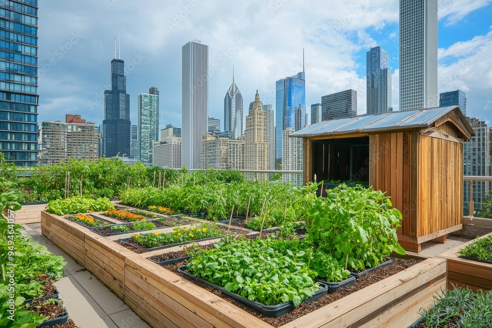 Urban rooftop garden with neatly arranged plant beds and a small shed. Skyscrapers and cityscape in the background, Generative AI Urban rooftop garden with neatly arranged plant beds and a small shed. Skyscrapers and cityscape in the background, Generative AI