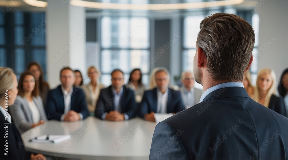 Rear view of confident businessman giving a presentation in front of crowd in meeting conference seminar room. Leadership authority teamwork in business concept Rear view of confident businessman giving a presentation in front of crowd in meeting conference seminar room. Leadership authority teamwork in business concept