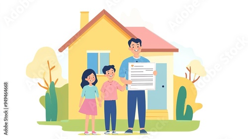 A family standing in front of a new home, holding a home insurance policy document.