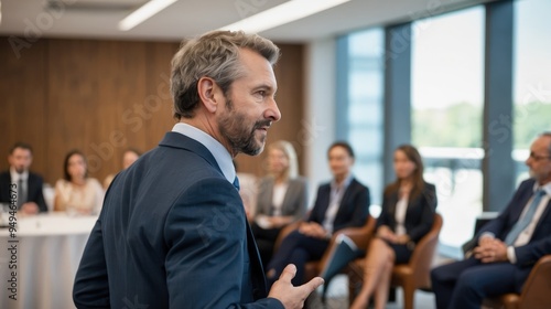 Rear view of confident businessman giving a presentation in front of crowd in meeting conference seminar room. Leadership authority teamwork in business concept