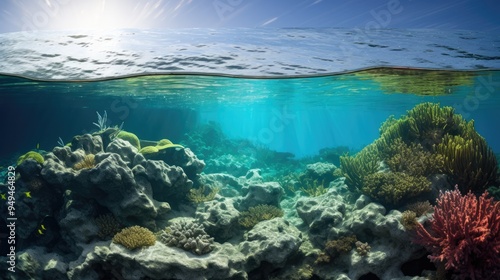 A contrasting scene of two adjacent marine environments: one with normal temperatures and thriving life, and the other with elevated temperatures causing significant ecological stress.