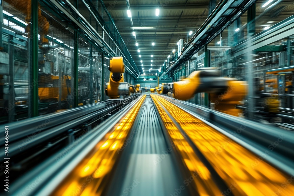 A View Down a Conveyor Belt with Industrial Robots Moving in a Factory A View Down a Conveyor Belt with Industrial Robots Moving in a Factory