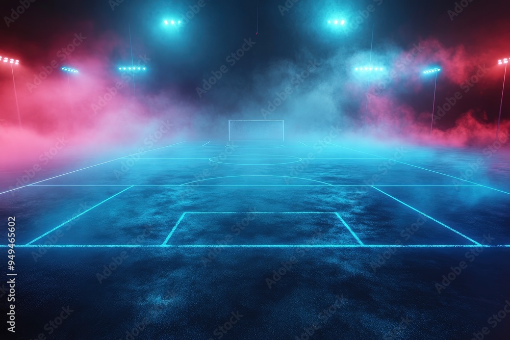 Fototapeta premium textured soccer game field with neon fog - center, midfield. 3d Illustration , ai