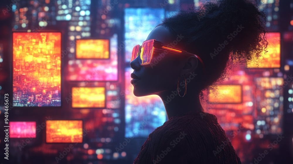 A profile of a person wearing futuristic glasses against a vibrant cityscape backdrop. A profile of a person wearing futuristic glasses against a vibrant cityscape backdrop.