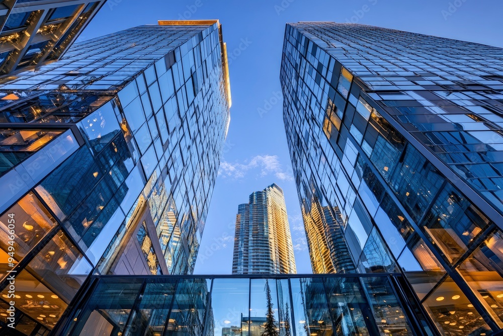 Fototapeta premium From below of entrance of office building next to contemporary high rise structures with glass mirrored walls and illuminated lights in calgary city against cloudless blue sky, ai