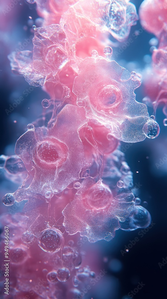 A close-up view of translucent, pink-hued jelly-like structures in a fluid environment. A close-up view of translucent, pink-hued jelly-like structures in a fluid environment.