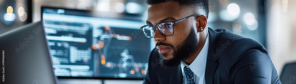 A focused professional analyzing data on a computer screen in a modern office environment. Emphasizing concentration and technology. A focused professional analyzing data on a computer screen in a modern office environment. Emphasizing concentration and technology.