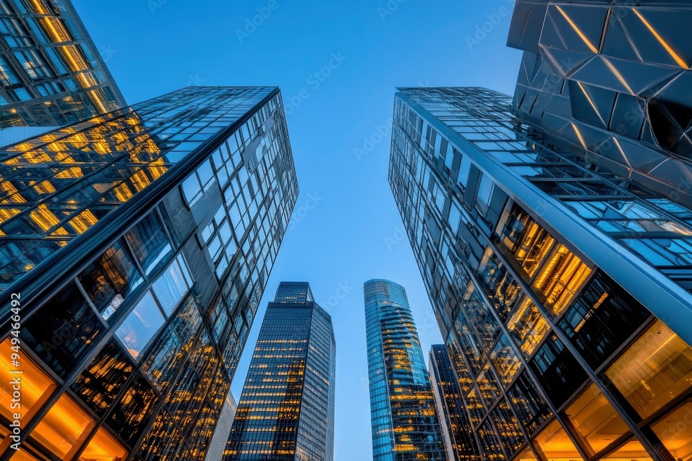Fototapeta premium From below of entrance of office building next to contemporary high rise structures with glass mirrored walls and illuminated lights in calgary city against cloudless blue sky, ai