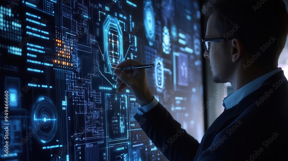 A professional analyzing data on a digital interface, showcasing advanced technology and the future of information. A professional analyzing data on a digital interface, showcasing advanced technology and the future of information.