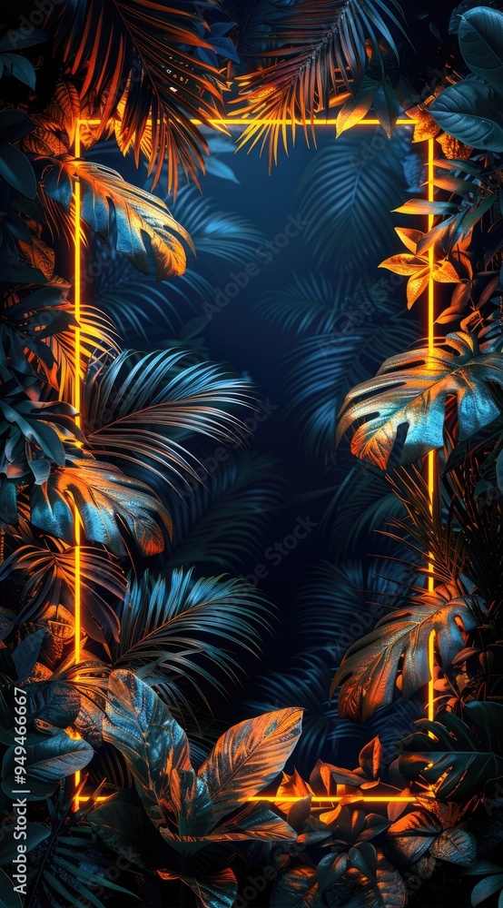 rectangle frame tropical leave made of golden neon light rectangle frame tropical leave made of golden neon light