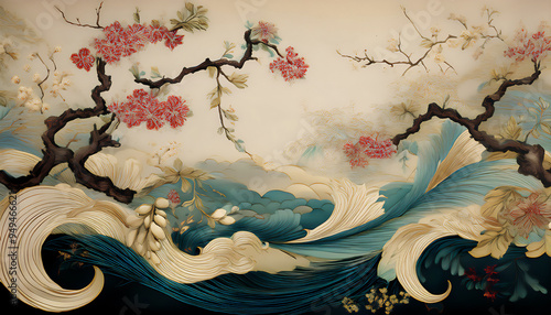 Embellishing and embossing Chinese, chinoiserie fine art ink red, blue, abstract background wallpaper artwork
