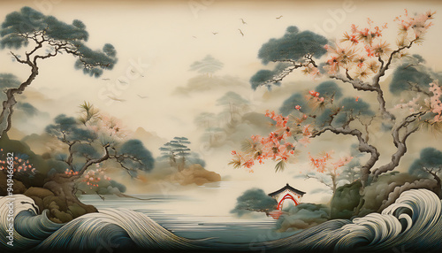 Embellishing and embossing Chinese, chinoiserie fine art ink red, blue, abstract background wallpaper artwork