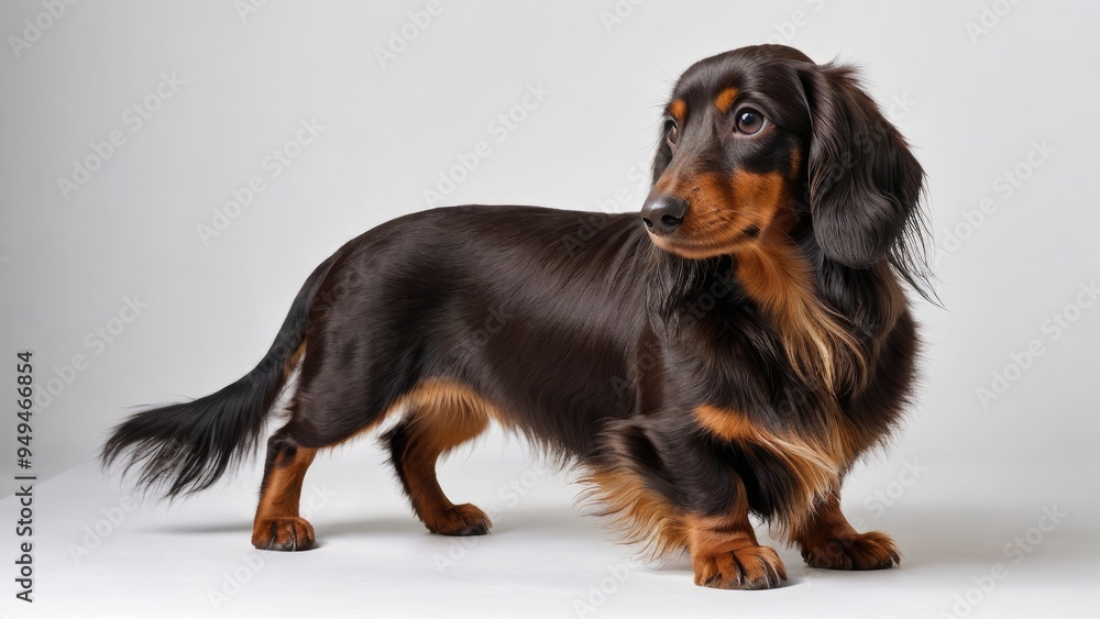 Chocolate and tan long haired dachshund dog on grey background Chocolate and tan long haired dachshund dog on grey background