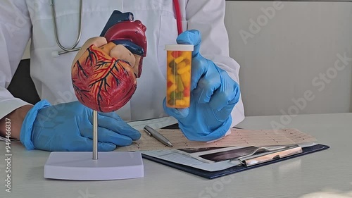 Heart anatomy and pills cardiologist. Drugs improve myocardial metabolism and vitamins and tablets for cardiac arrhythmia photo