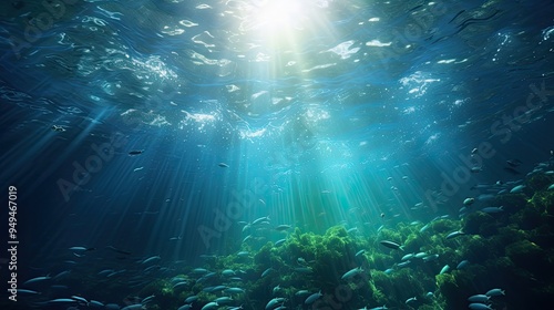 An artistic depiction of a phytoplankton bloom, with glowing, bioluminescent organisms floating in a deep blue ocean, creating a magical, starry effect.