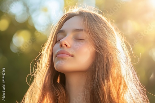 Young woman with long hair enjoying sun with closed eyes getting natural vitamin D outdoors. Peace of mind. Mindfulness, mental health, spirituality, well-being, unwind yourself , ai