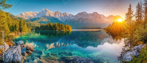 Fototapeta Naklejka Na Ścianę i Meble -  Impressive summer sunrise on Eibsee lake with Zugspitze mountain range. Sunny outdoor scene in German Alps, Bavaria, Germany, Europe. Beauty of nature concept background