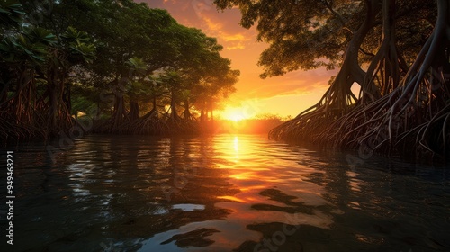 Create a lush, detailed illustration of a mangrove forest at sunset, with the rich, tangled root systems partially submerged in water and vibrant, diverse wildlife visible among the trees.