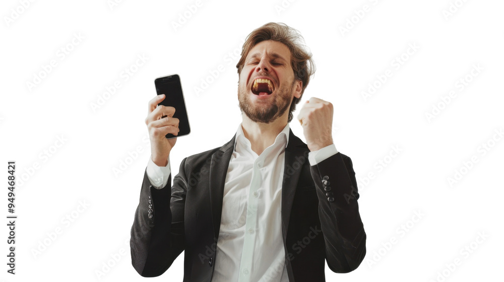 Businessman, winner, phone holding and business success, isolated on white background Businessman, winner, phone holding and business success, isolated on white background