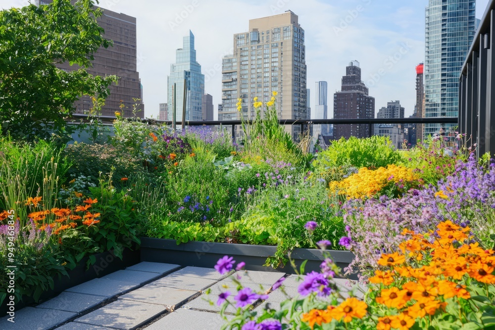 Fototapeta premium Rooftop garden featuring an array of colorful flowers and herbs. Cityscape visible from the garden, Generative AI