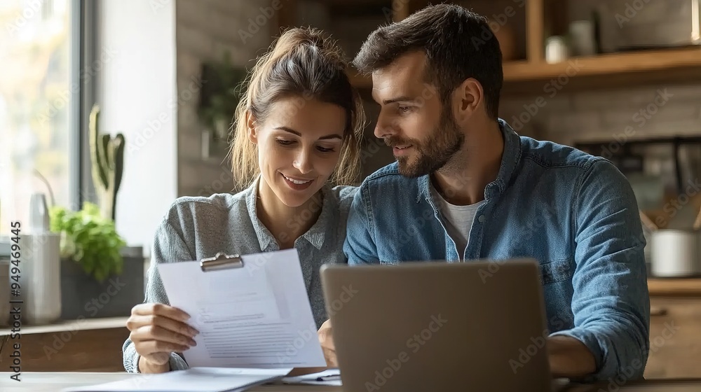 A young couple comparing health coverage plans at home, with documents and laptops. A young couple comparing health coverage plans at home, with documents and laptops.