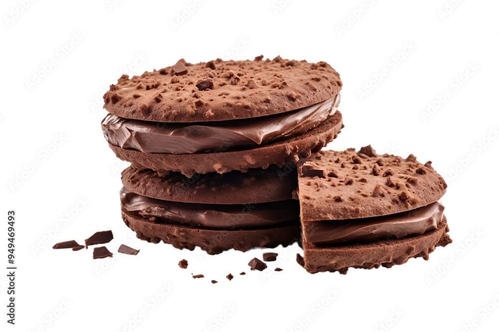 Delicious Chocolate Chip Cookie Sandwich with Crumbs on White Background Delicious Chocolate Chip Cookie Sandwich with Crumbs on White Background
