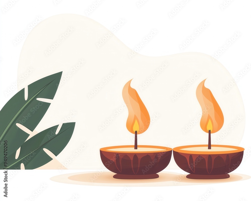 Two traditional oil lamps with flickering flames, symbolizing warmth and celebration, surrounded by lush green leaves. Two traditional oil lamps with flickering flames, symbolizing warmth and celebration, surrounded by lush green leaves.