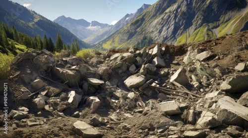 Visualize a dramatic, high-altitude landslide occurring in a rugged, alpine landscape, with a large section of rock and soil breaking away and tumbling into a deep valley below. photo