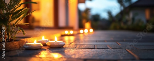 Diyas adorning the entrance of a home during a festival night, welcoming guests with light and positivity, Festivity, Diyas, Belief photo