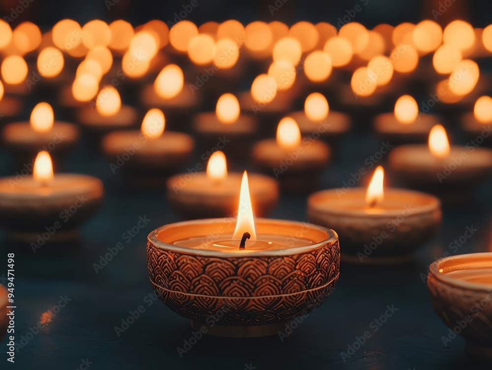 Enchanting array of glowing candles illuminating the darkness, creating a serene and peaceful ambiance for meditation and reflection. Enchanting array of glowing candles illuminating the darkness, creating a serene and peaceful ambiance for meditation and reflection.