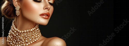 Beautiful model with perfect makeup posing wearing a luxury pearl necklace and earrings on a black background. Banner. Copy space.