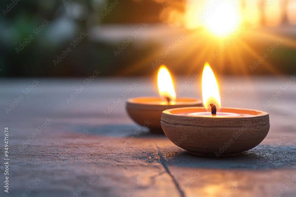 Two burning candles create a warm and serene ambiance, flickering gently in the soft evening light. Two burning candles create a warm and serene ambiance, flickering gently in the soft evening light.