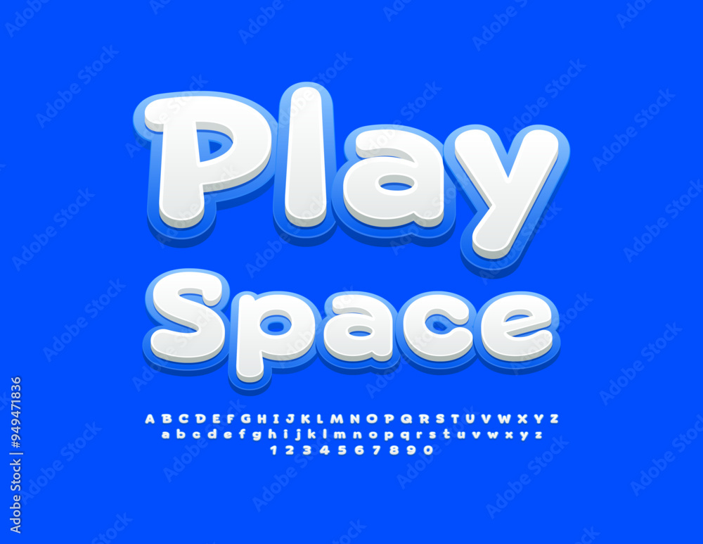 Vector artistic flyer Play Space. White and Blue Cute Font. Decorative Alphabet Letters and Numbers set. Vector artistic flyer Play Space. White and Blue Cute Font. Decorative Alphabet Letters and Numbers set.